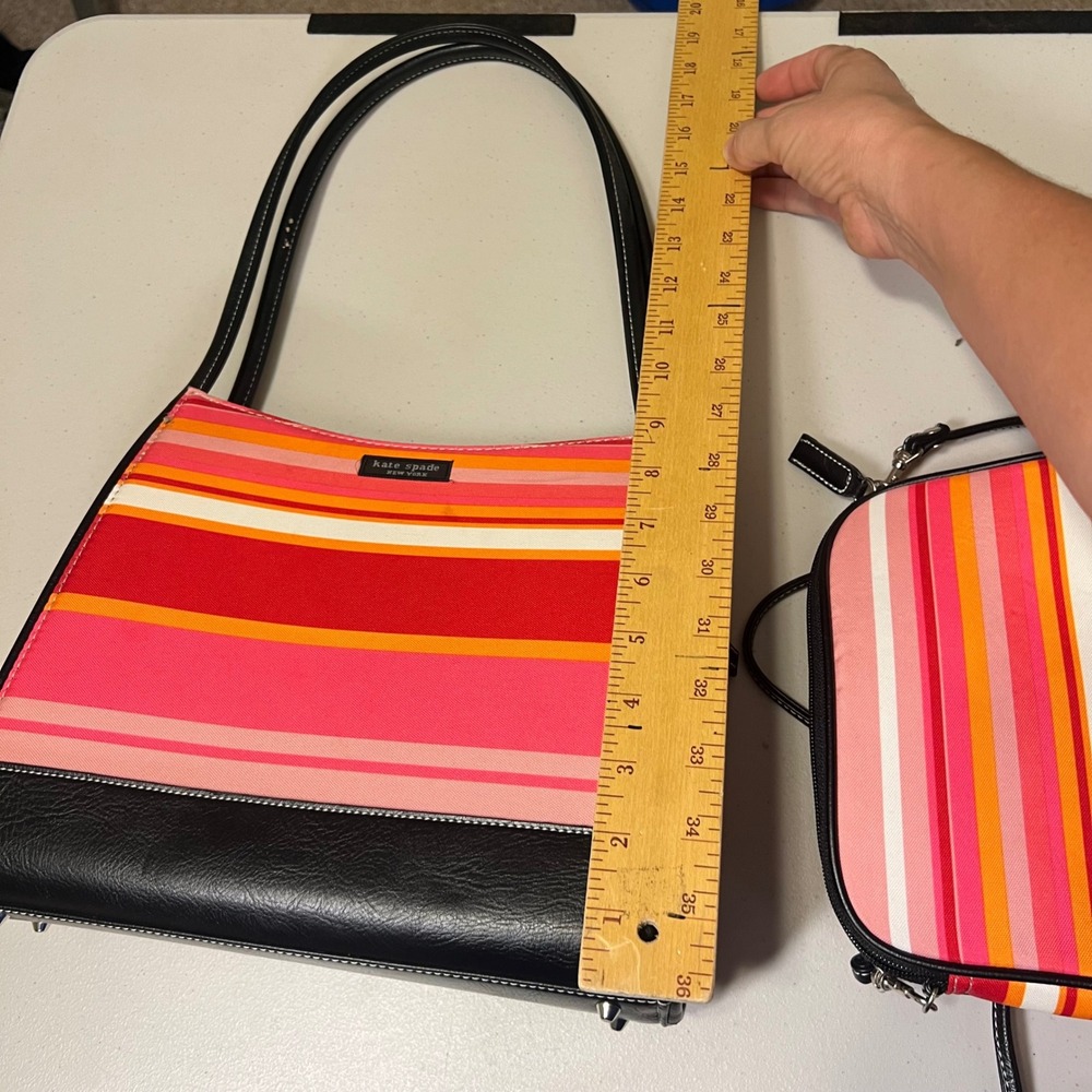 Kate Spade Striped Canvas Shoulder Bag and Crossbody Set Pink Orange Red - Picture 8 of 11